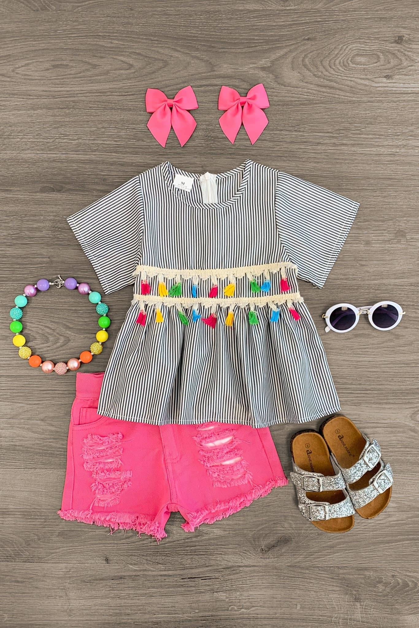 Rainbow Tassel Pink Denim Short Set